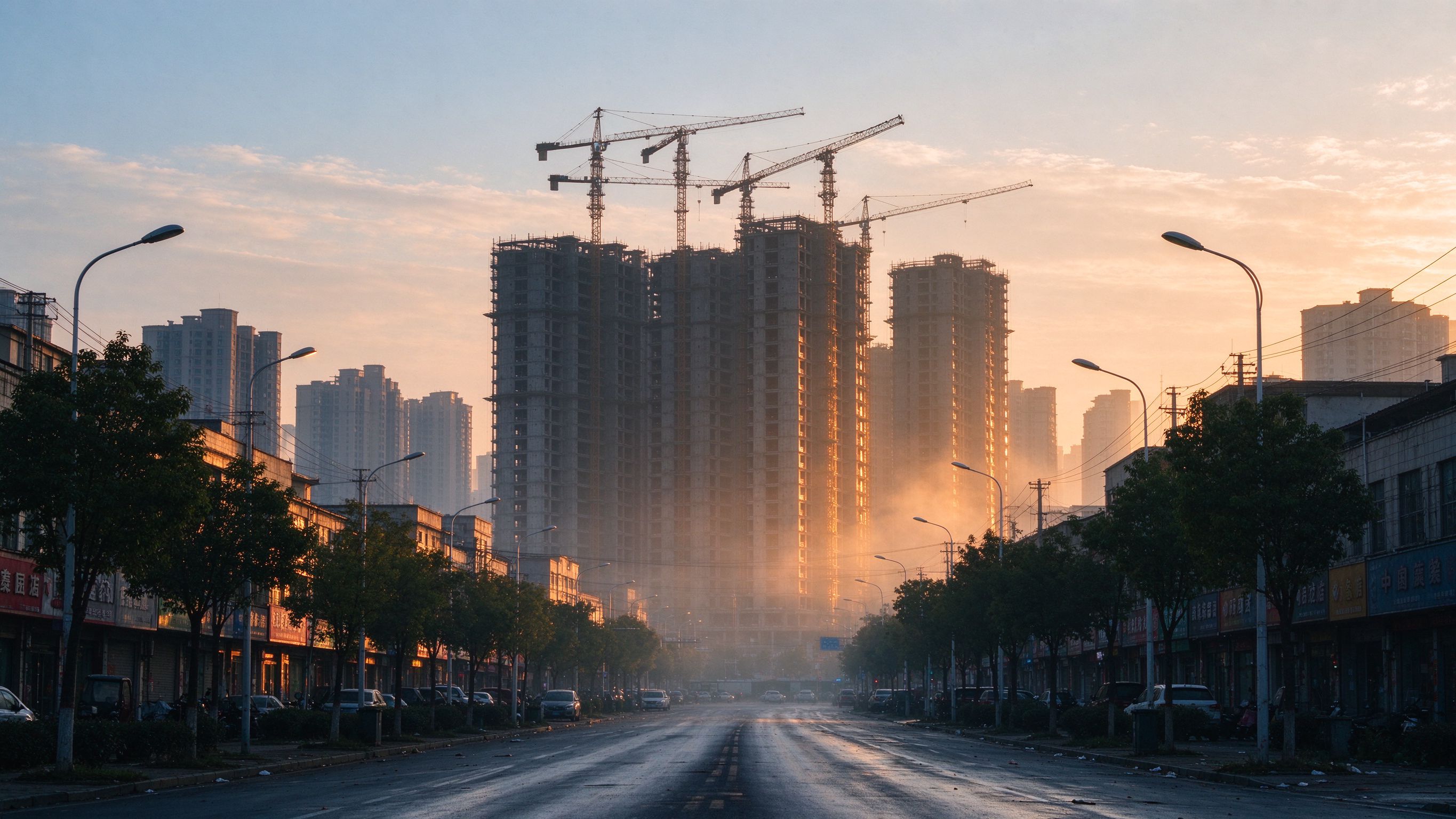 许昌城市天际线与在建塔吊群，清晨柔和日光下的房建施工现场