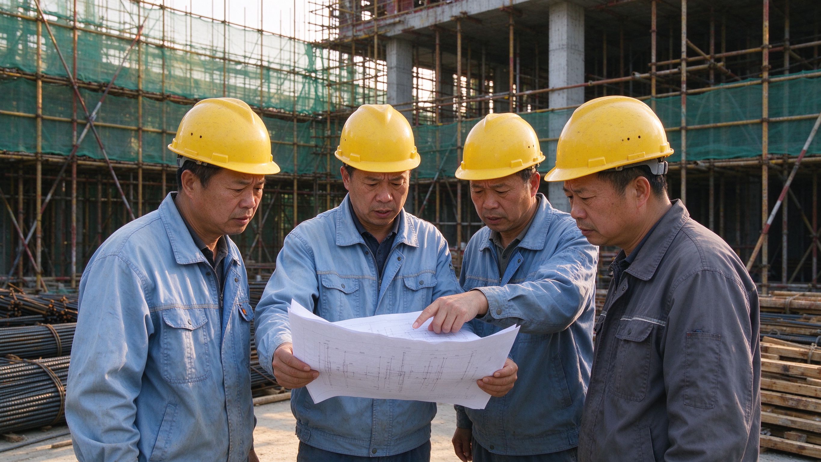 戴黄色安全帽的建筑团队在工地现场围拢交流图纸