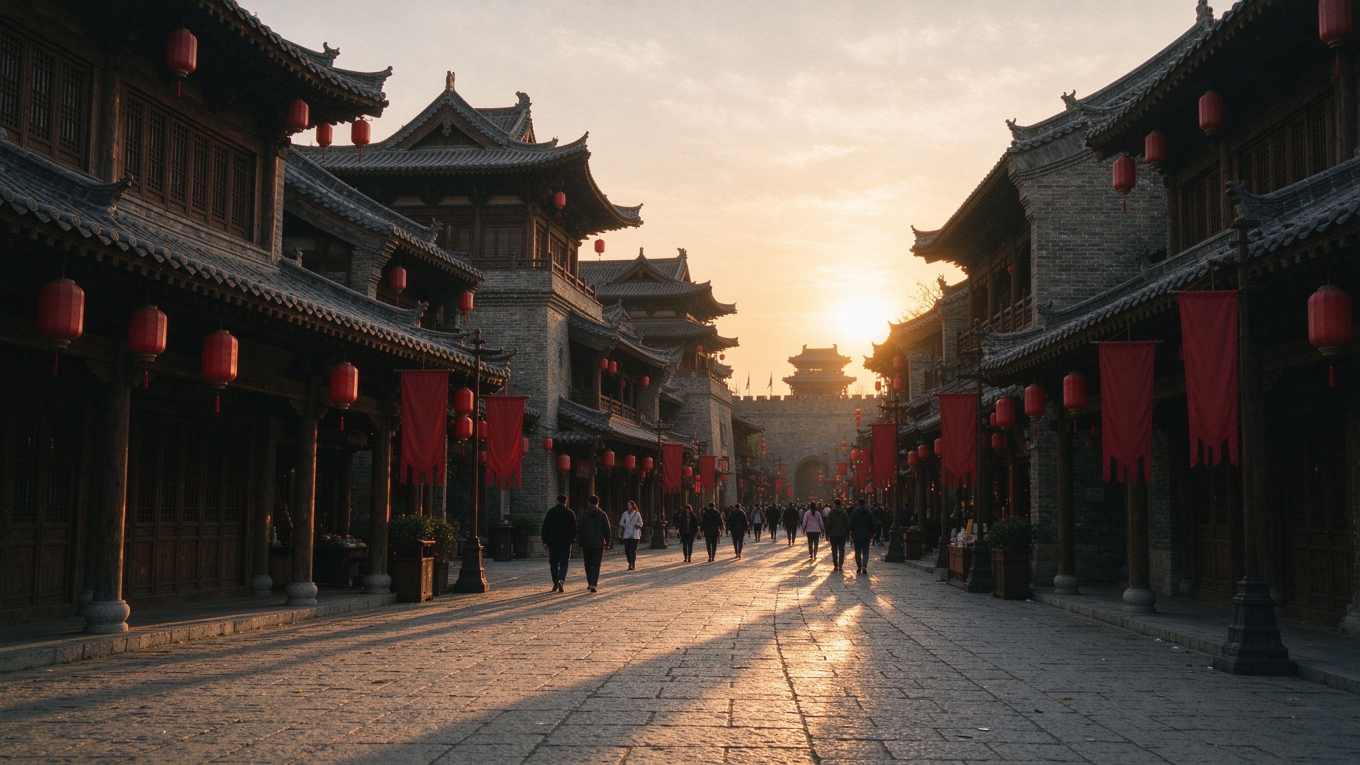 许昌曹魏古城街区，青石板路与仿古建筑沿街排列，远处可见老城天际线
