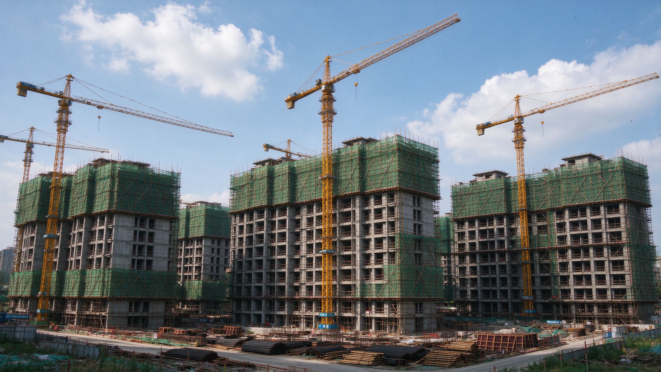 平顶山在建楼体旁塔吊矗立的施工现场广角