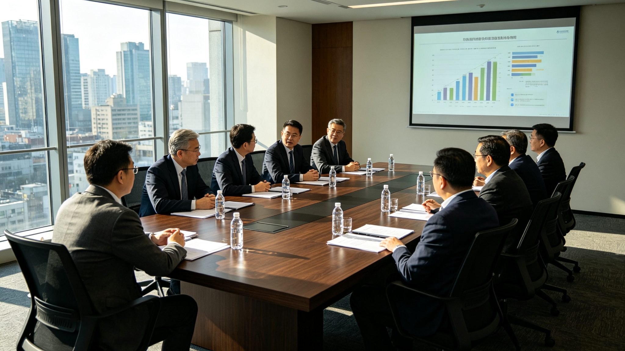 企业代表在会议室与服务方对账单据