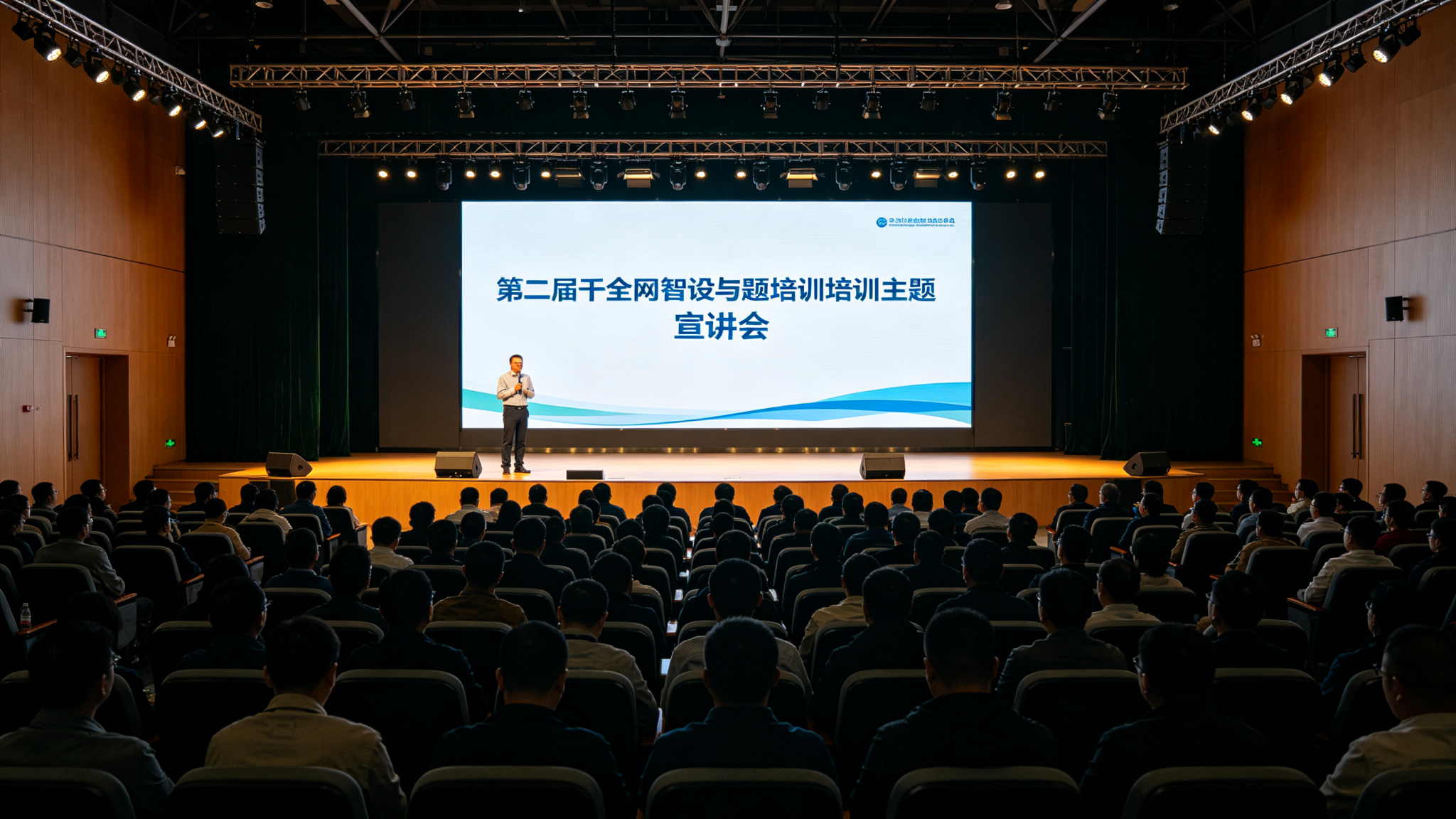 大型宣讲会现场，学员坐满阶梯会场